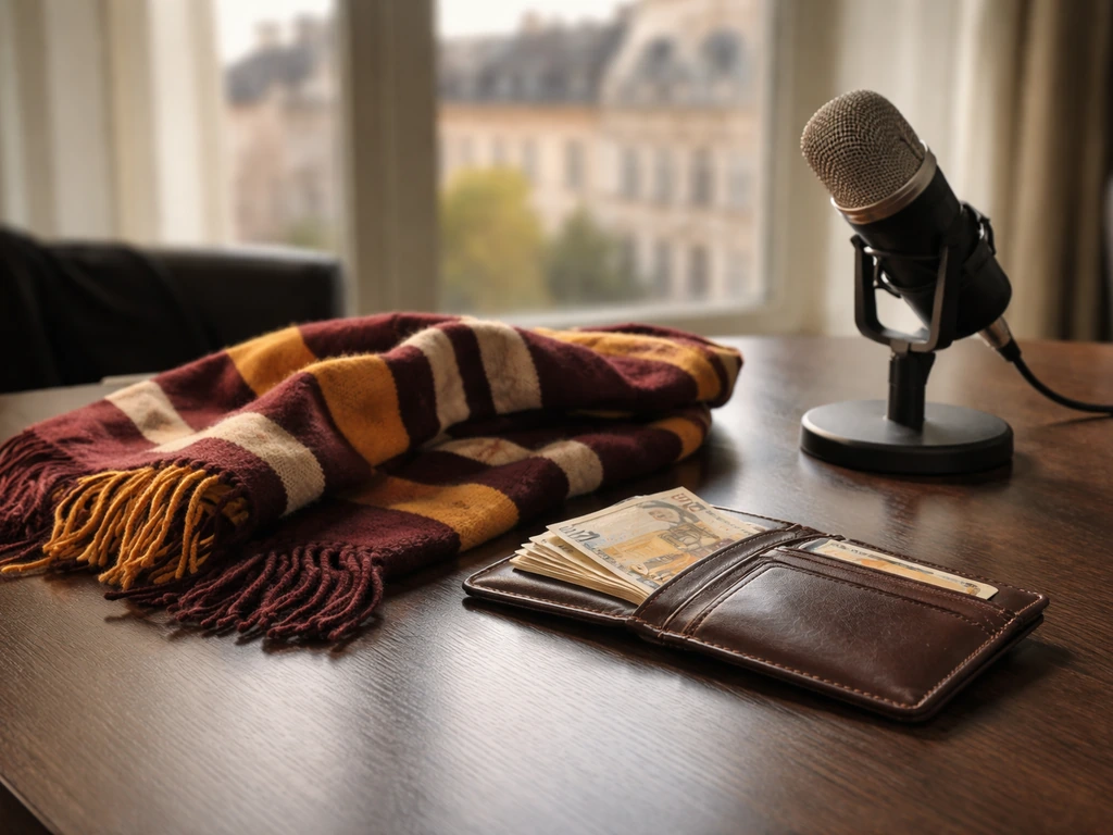 Minimal desk scene with wallet, football scarf, and microphone near a window showing a business-analysis mood.