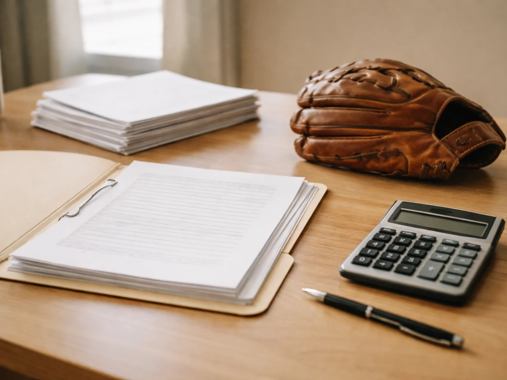 Minimal photo of a baseball glove and contract papers on an office desk beside a calculator