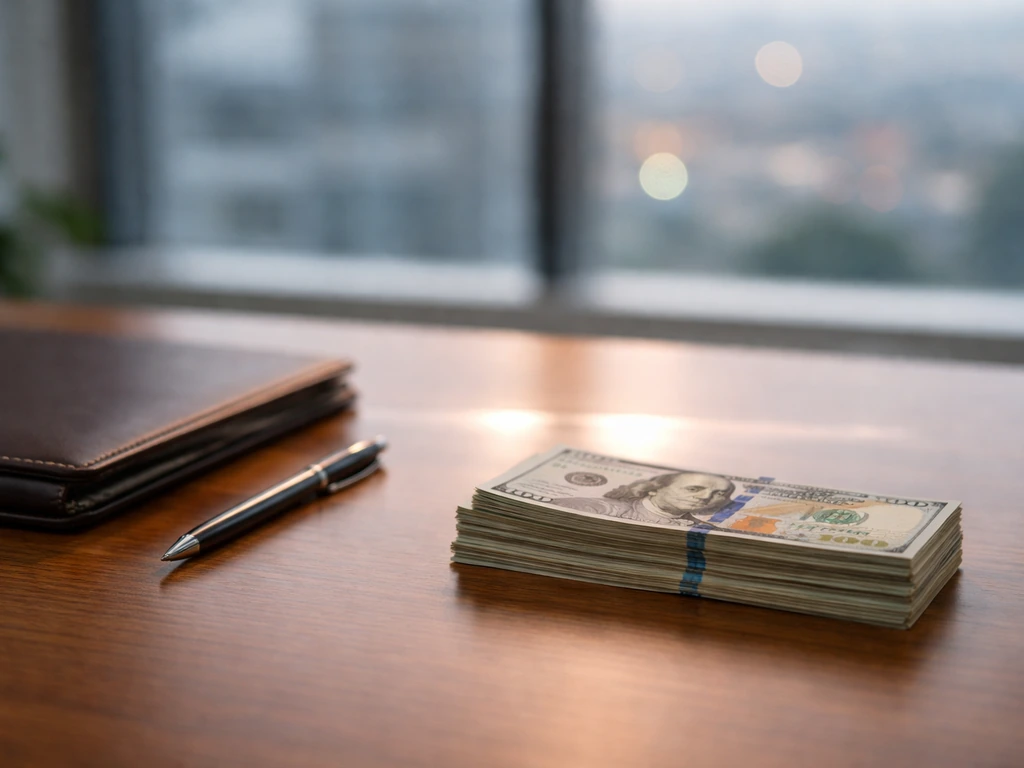 Minimal desk scene with a highlighted money range band concept using cash and a marker tool