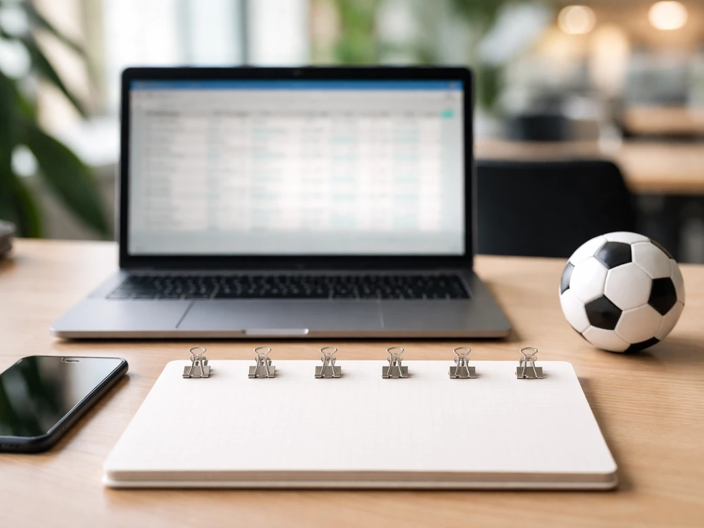 Minimal office desk with laptop and unmarked notepad, suggesting football salary progression over time.