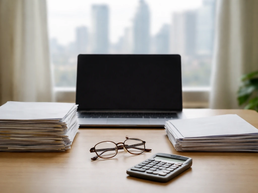 Minimal office desk scene with documents and calculator suggesting a net worth vs earnings comparison.