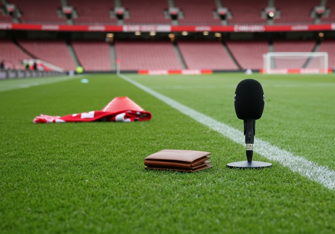 Minimal photo of an empty football pitch corner with a money-themed leather wallet on the sideline