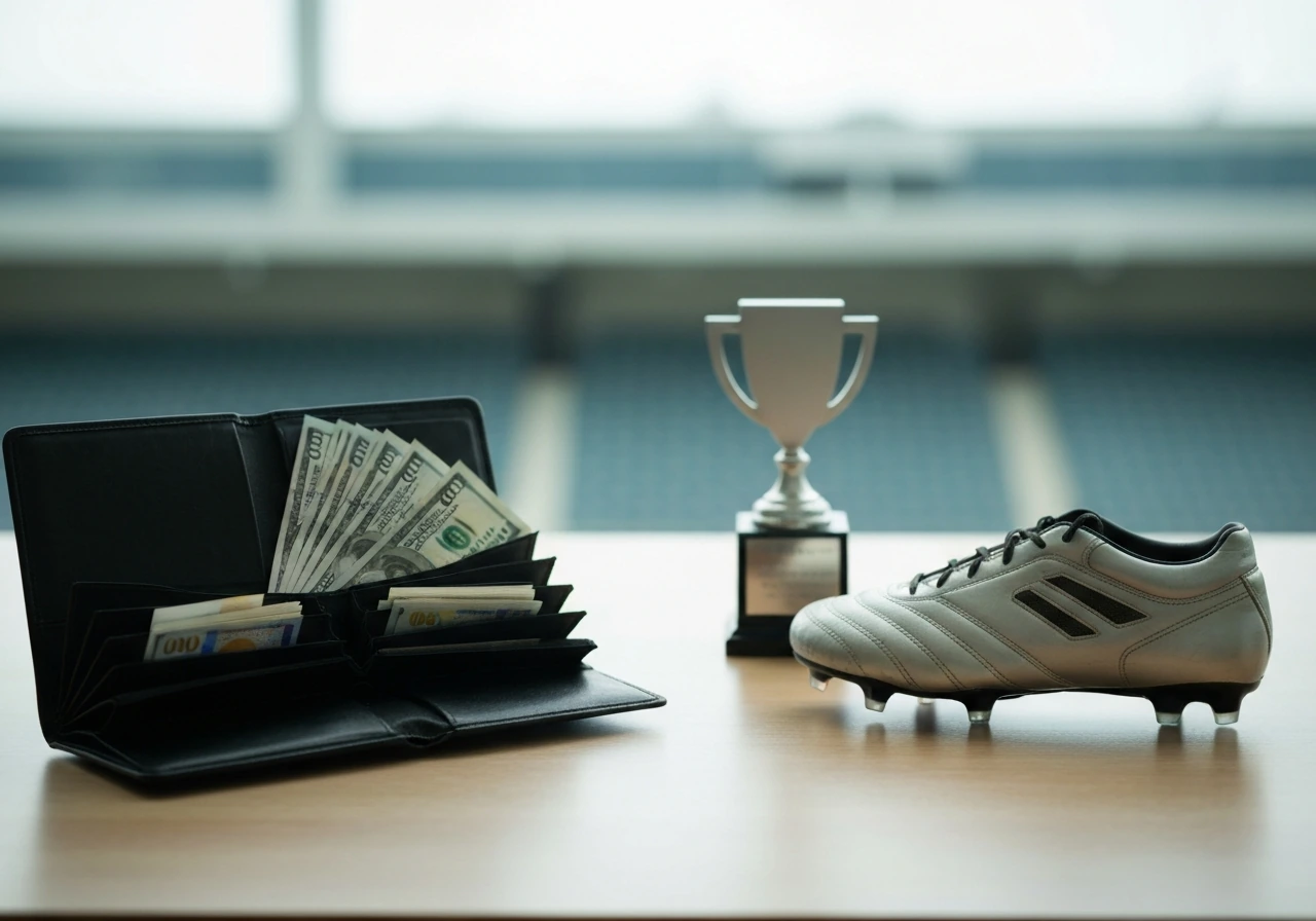 Minimal tabletop scene with football boot and stacked banknotes suggesting salary and earnings sources.