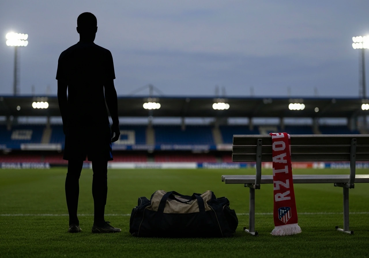 Anonymous football kit bag and red-white scarf near a bench with a blurred stadium background.