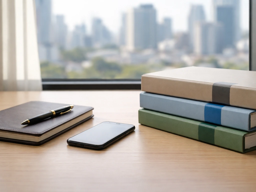 Minimal office desk with notebook, pen, phone, and color folders beside a window city view.