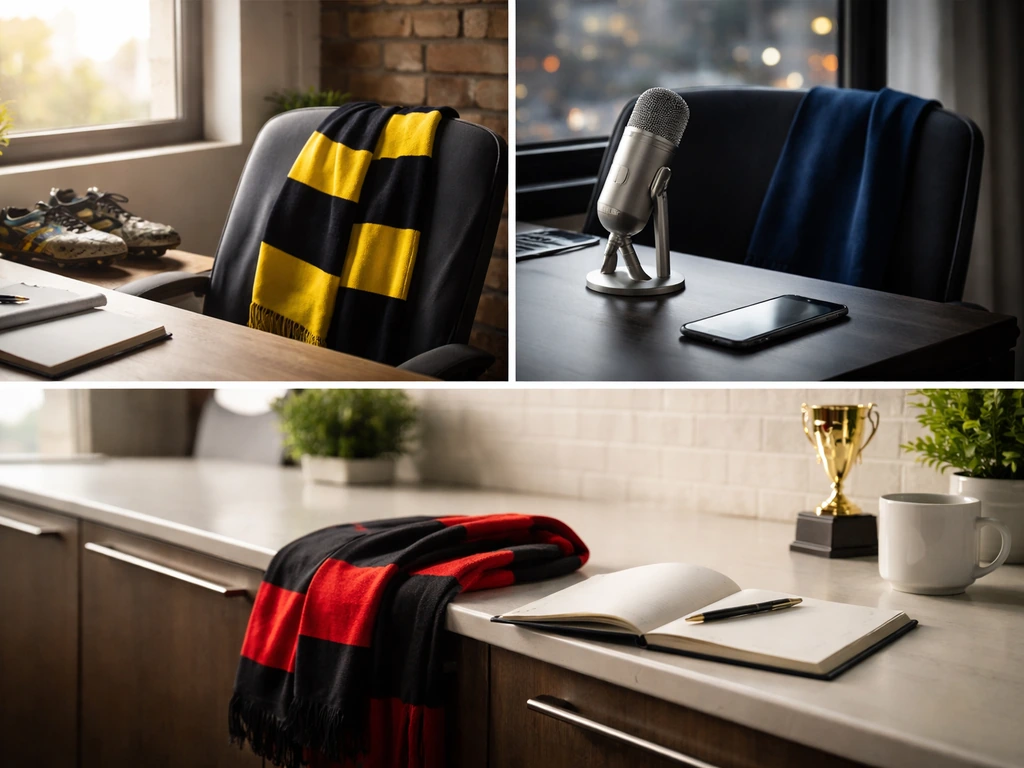 Three-frame collage: soccer gear and business media cues in yellow/blue/red settings, hinting club career transfers.