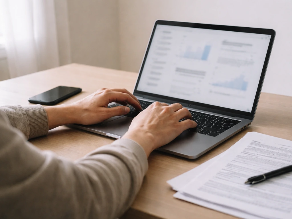 Person comparing finance data on a laptop with bank documents in a quiet home office