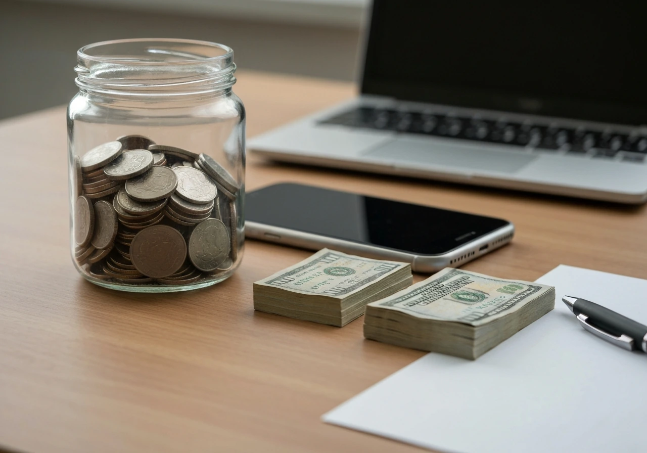 Coins jar and cash on a desk with a closed laptop, symbolizing an estimated net worth breakdown.