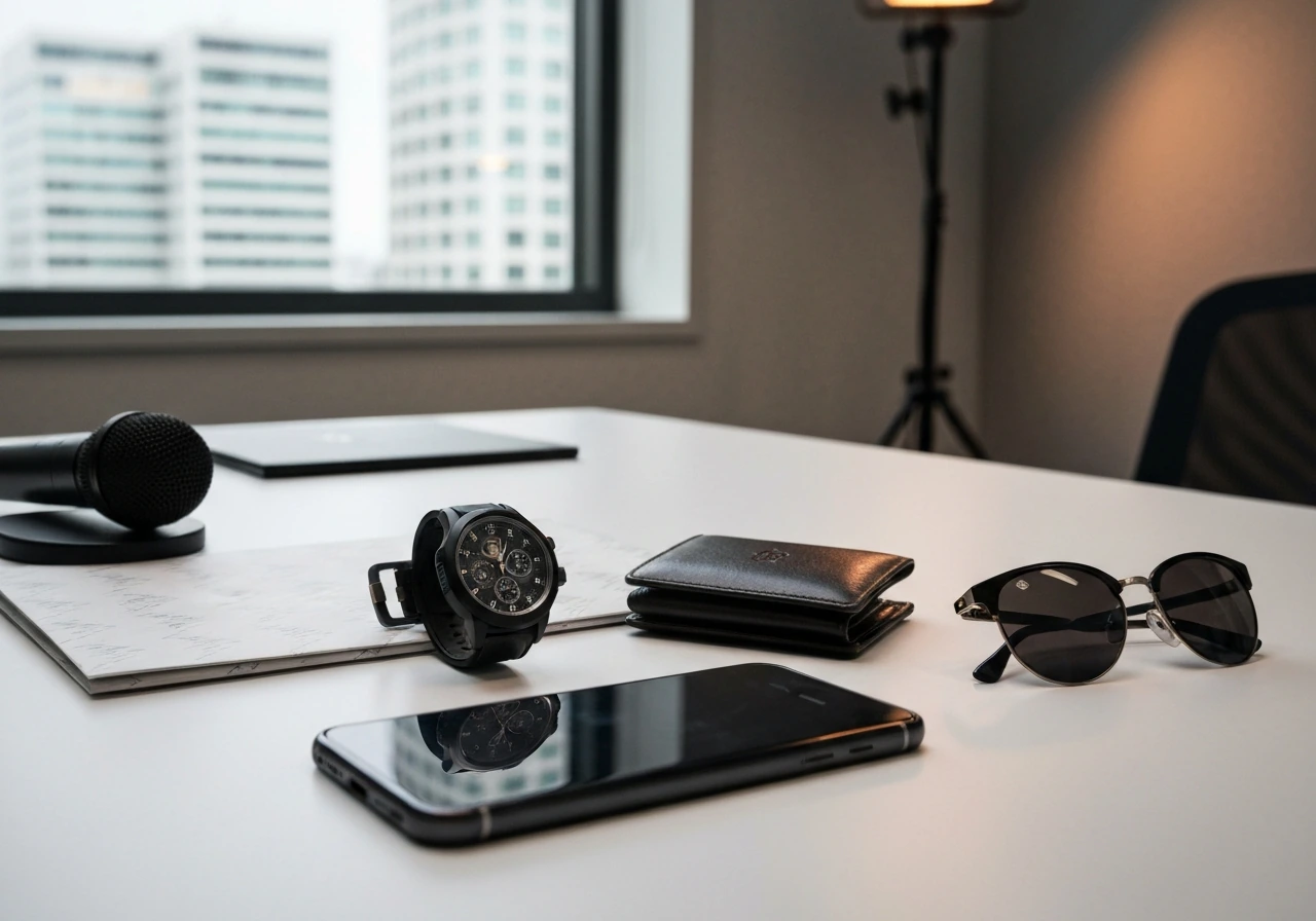 Minimal office desk with luxury items and a microphone, symbolizing endorsement and off-field media income.