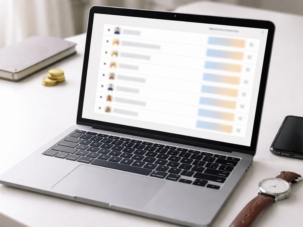 Minimal desk scene with laptop showing a blurred leaderboard-style table and a small stack of coins.