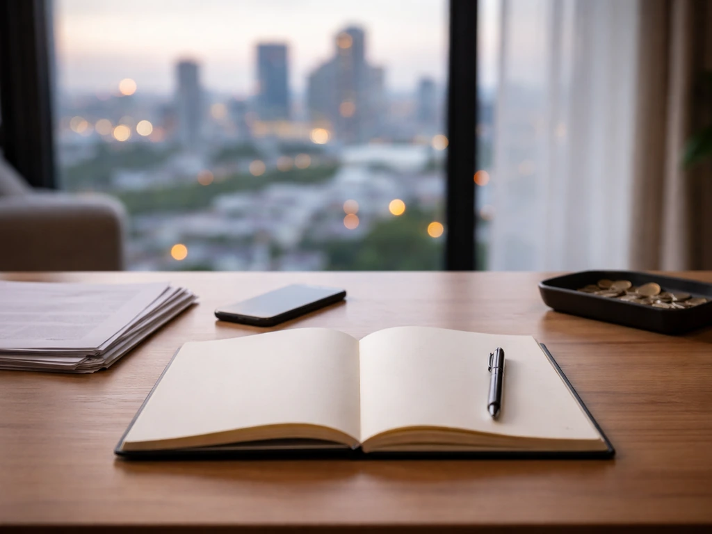 A quiet desk with smartphone and documents beside a blurred city skyline, symbolizing media and money estimates.