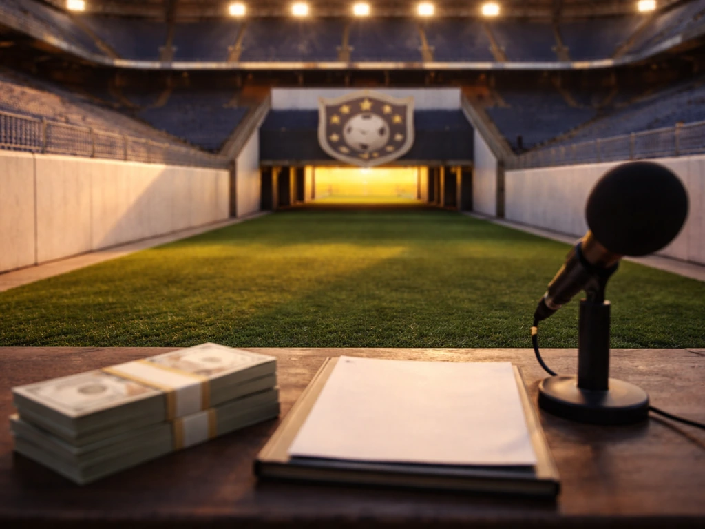 Empty football stadium exterior with generic crest wall and blurred money and document props for valuation vs net worth.