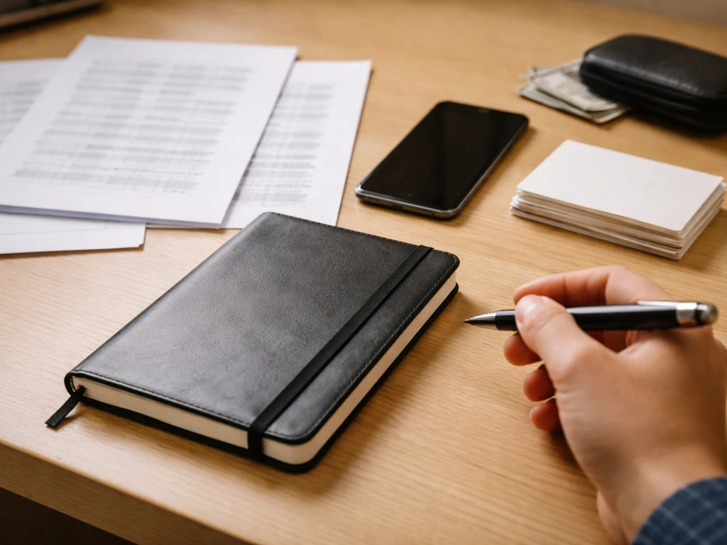 Close-up of a phone beside a small notebook with dates and documents for comparing changing net worth figures