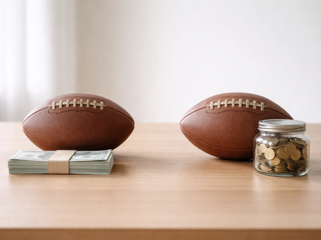 Minimal photo showing two football-themed money concepts side-by-side: annual earnings vs accumulated wealth