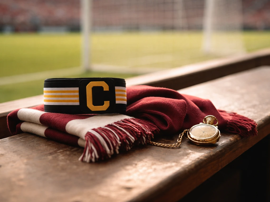 Soccer captain armband and scarf on a stadium bench with blurred pitch background, symbolizing a top net-worth leader.