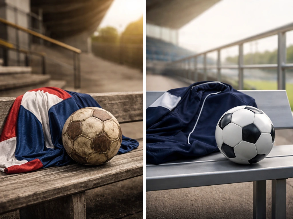 Split-screen of vintage and modern football gear and balls to symbolize comparing players across eras.