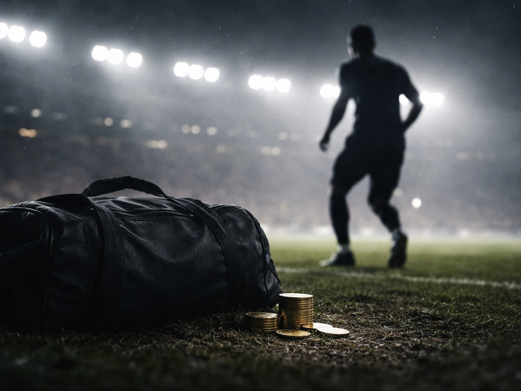 Football-themed scene with symbolic wealth: a generic player silhouette near a stadium under stadium lights