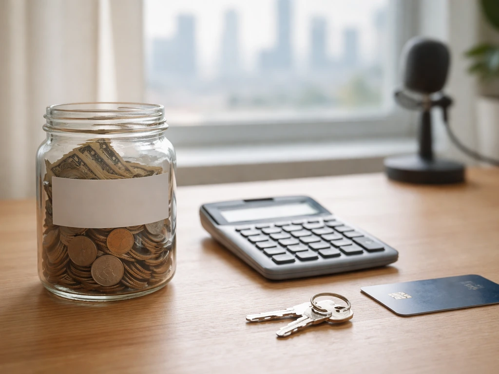 Minimal desk with coins, calculator, and blank paper symbolizing building a net worth estimate