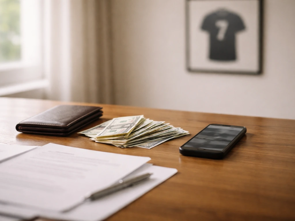 Minimal desk scene with scattered currency and a smartphone showing blurred finance headlines, symbolizing net-worth ran
