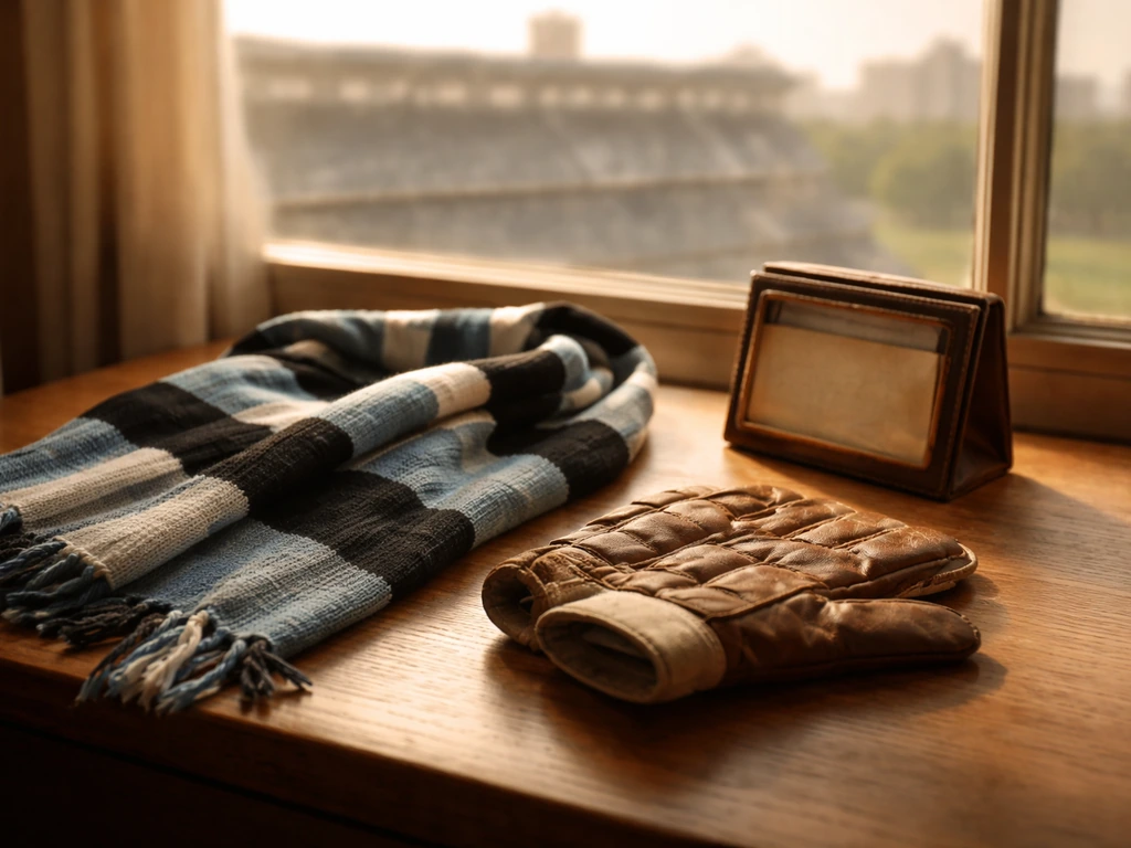 Minimal studio scene with a vintage soccer scarf and old football memorabilia on a desk, symbolizing Racing Club eras.