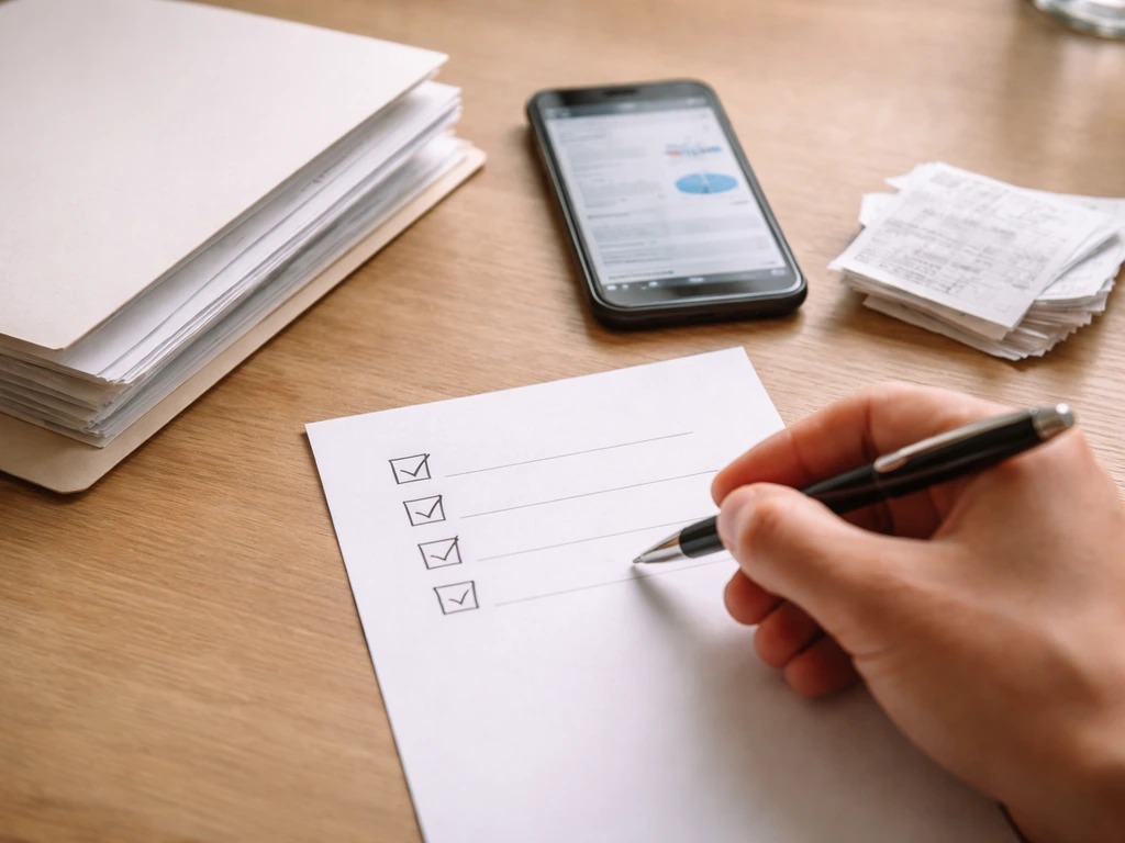 Minimal desk scene with checklist paper, documents, and a phone showing financial research symbols