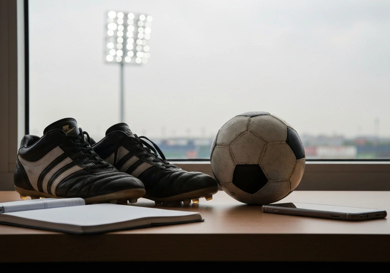 A minimal soccer-media desk scene suggesting disambiguation for a specific player context