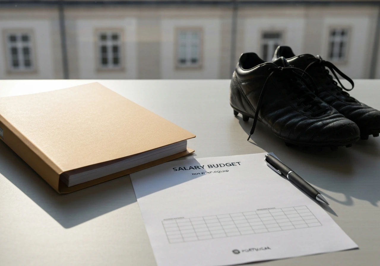Portuguese soccer player wages setup: desk with open club contract folder and a blank salary budget sheet