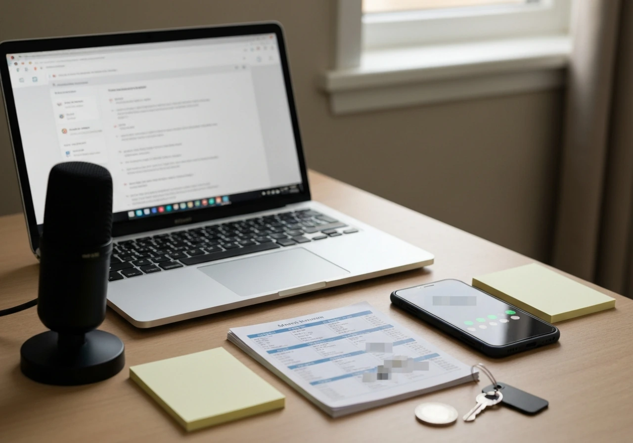 Minimal desk with phone and laptop setup symbolizing verification of sports finance claims, no readable text.