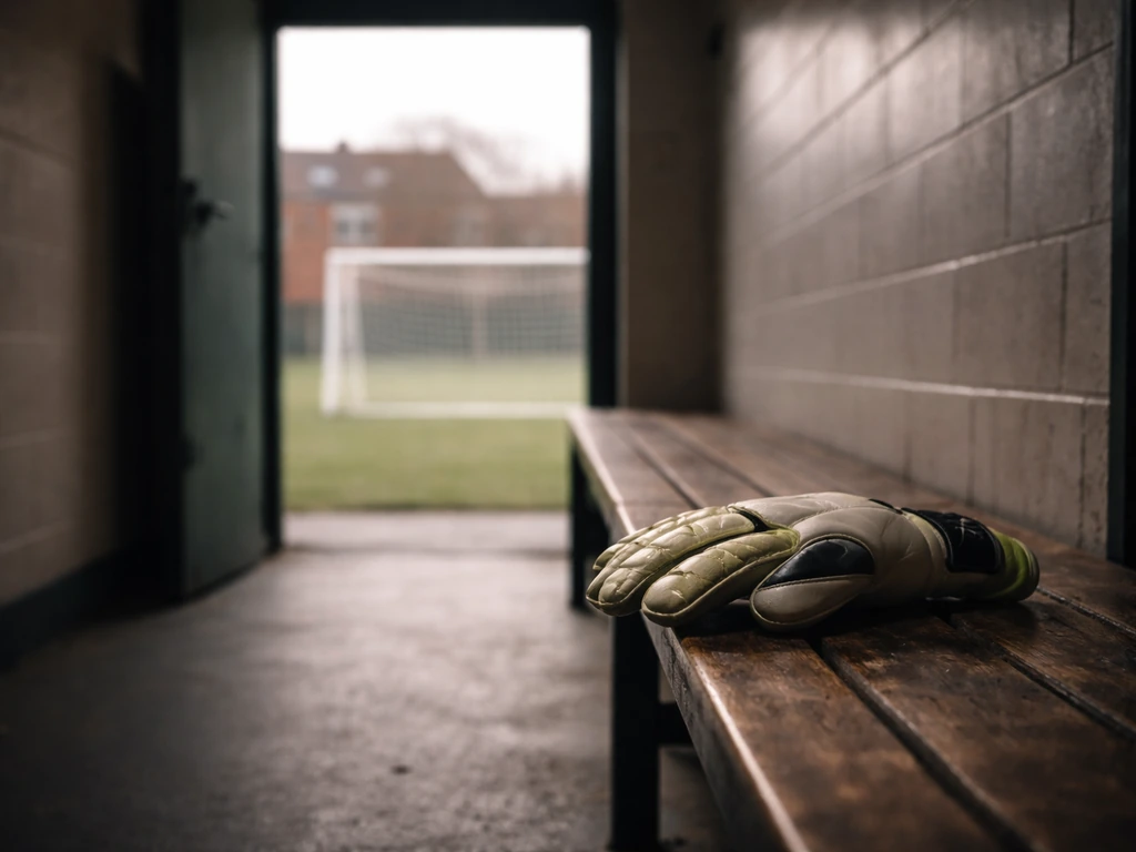 A goalkeeper training glove on a bench beside a goal net in a quiet Belgian stadium corridor.