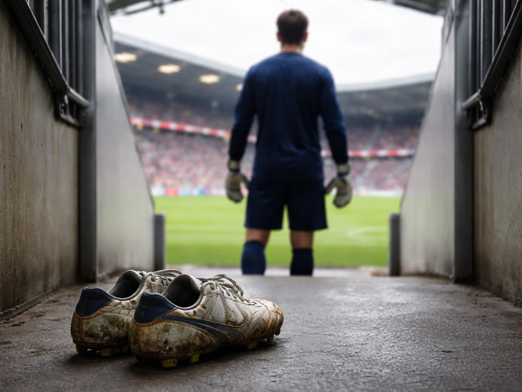 Anonymous goalkeeper silhouette with Sunderland-style kit and boots in a stadium tunnel, matchday atmosphere.
