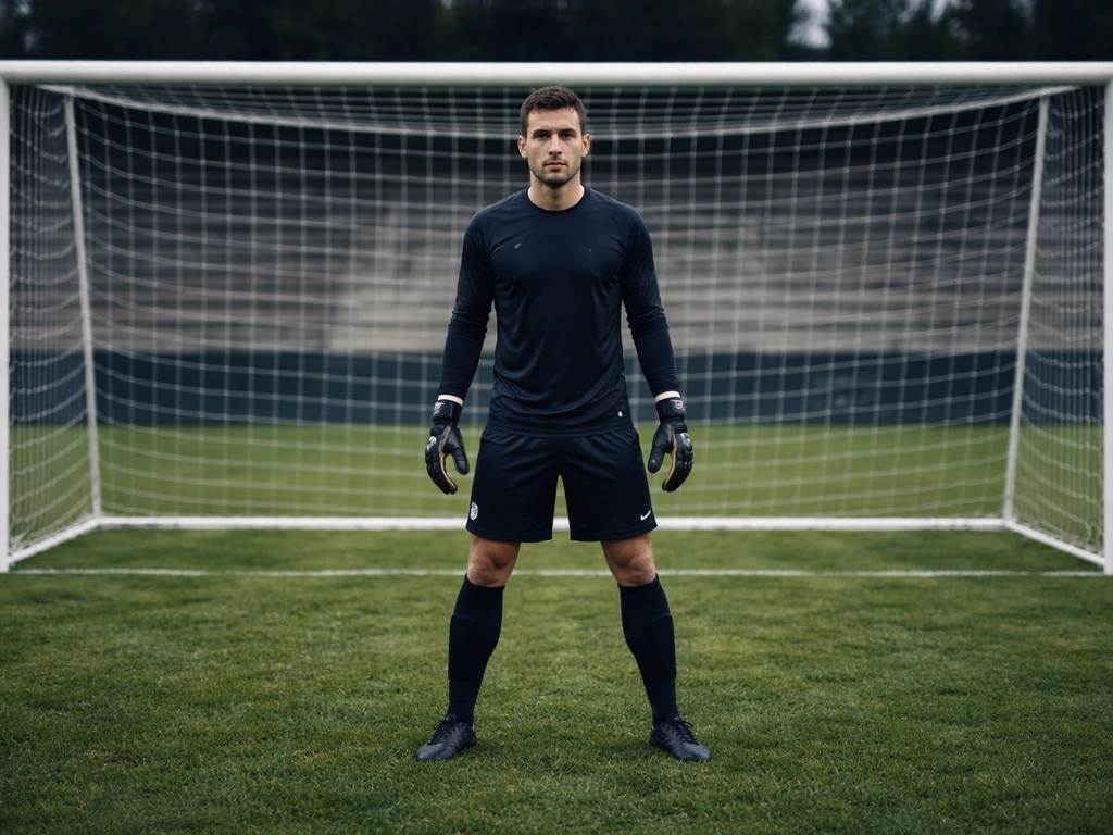 Goalkeeper in a dark kit standing in a football goalmouth at Club Brugge’s stadium during daylight.