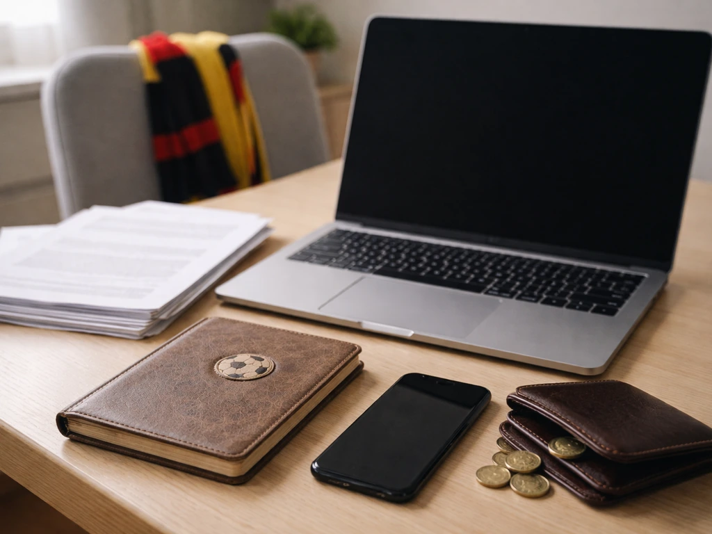 Minimal scene of a football-themed notebook beside a laptop showing contract-style finance concepts