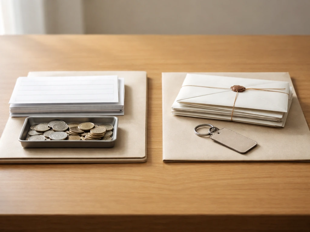 Minimal desk scene with two separated envelopes and a contract folder, symbolizing wages and bonuses