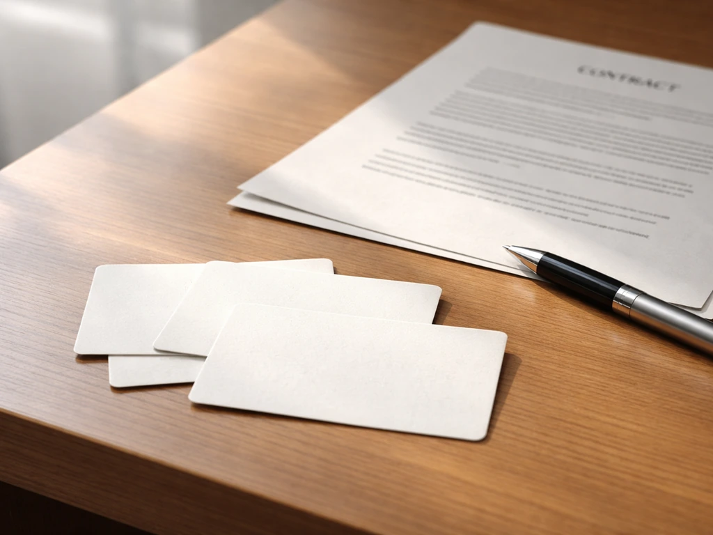 Close-up of a simple contract-style page with a pen and a few blank incentive cards on a desk
