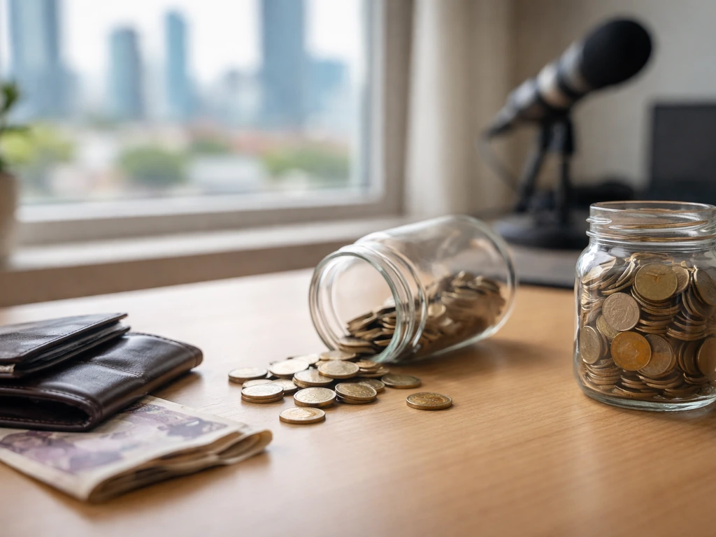 Minimal desk scene with coins spilling from one jar and filling another, symbolizing net worth erosion vs growth.