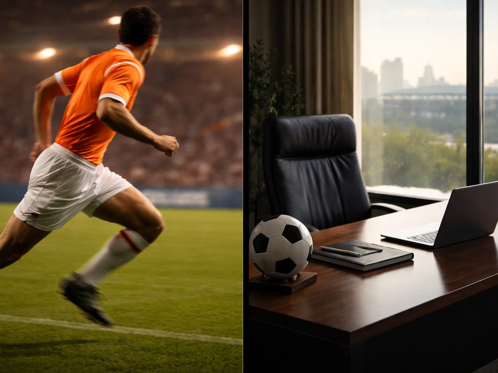 Split image: anonymous winger in retro kit and a quiet executive office overlooking a stadium