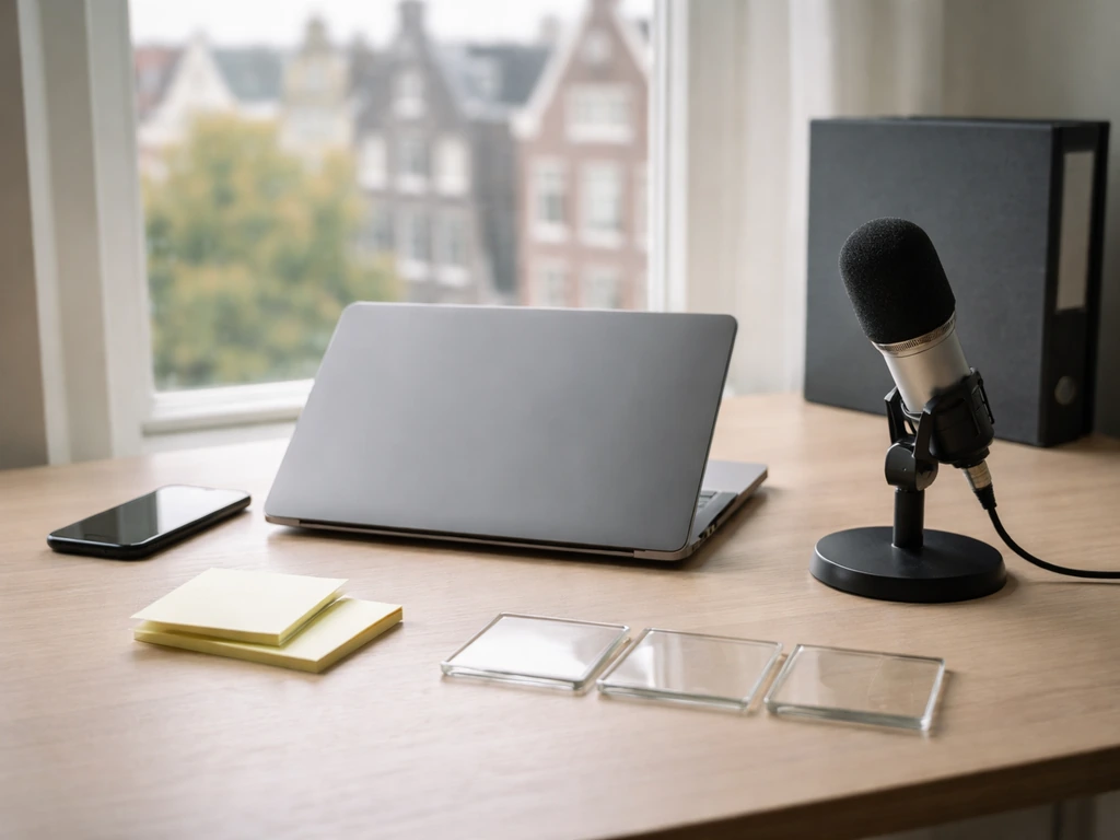Minimal office desk with phone and microphone, symbolic empty frames suggesting changing financial estimates over time