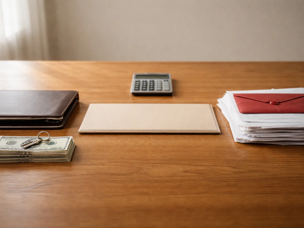 Minimal desk scene showing assets (cash, key, portfolio) and liabilities (papers, red envelope) separated by a divider