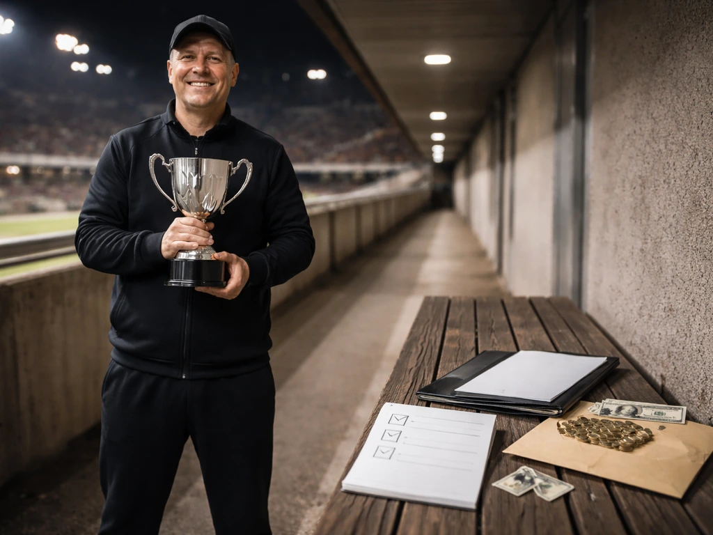 Anonymous coach holding a trophy with blank checklist notes and bonus money on a bench.