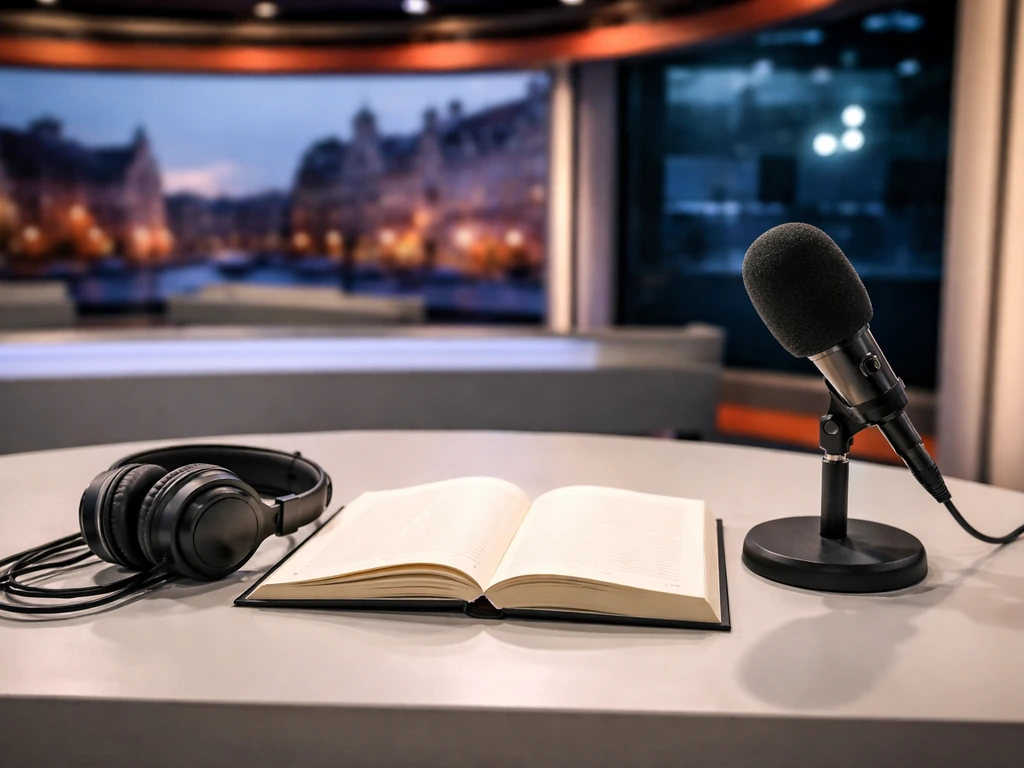 Minimal Dutch media desk with an open book and microphone, hinting at punditry and publications.