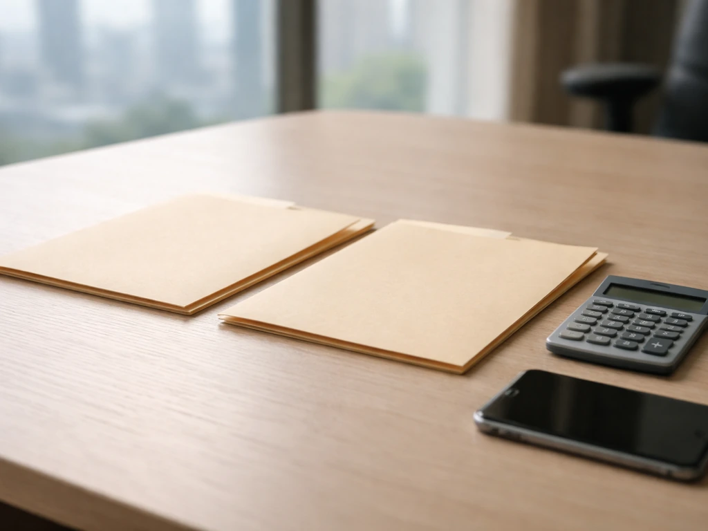 Minimal desk scene with two stacked report folders and a calculator, suggesting algorithm-based public number estimates