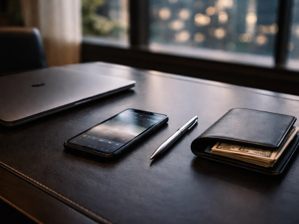 Minimal luxury desk scene with cash and blurred finance screen, suggesting a best net-worth estimate.