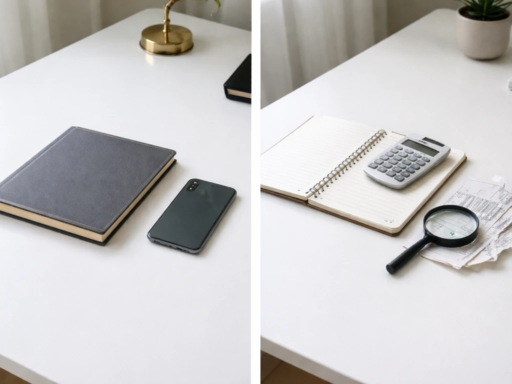 Two side-by-side desk scenes with magazine and phone versus calculator, receipts, and magnifying glass—no text.