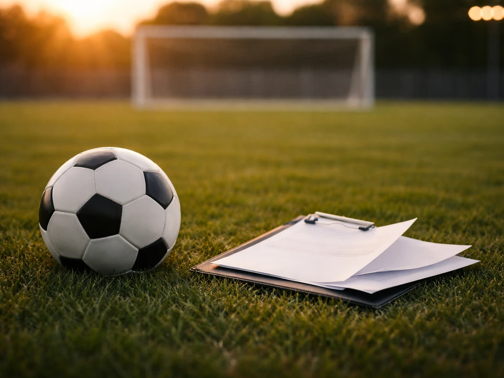 Soccer training ground with a clipboard and match ball, hinting at estimating typical pro player value