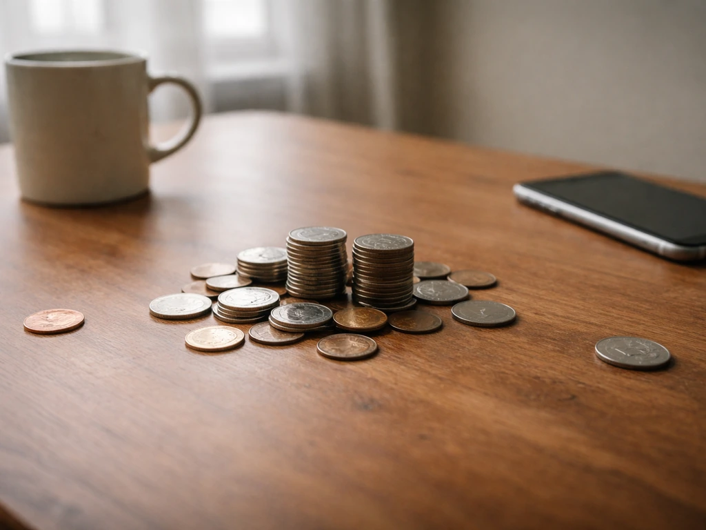 Coins clustered tightly with one or two coins far away on a desk to suggest mean vs median.