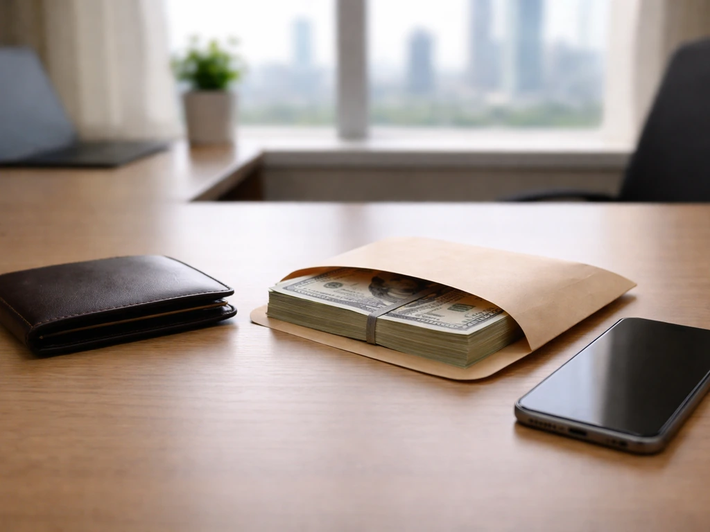 Minimal photo of a luxury desk with a smartphone and cash envelopes symbolizing soccer player net-worth tiers.