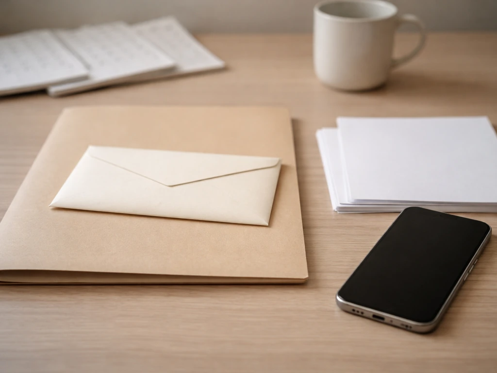 Unmarked contract folder and a crisp paycheck-style envelope on a desk, symbolic of base salary