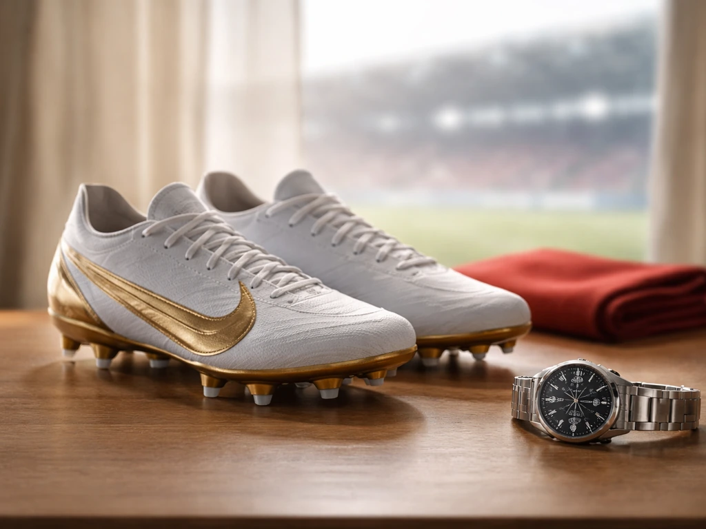 Football boots and a watch on a desk beside a blurred stadium background, suggesting brand endorsements and image rights