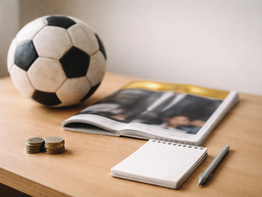 Soccer ball beside a generic business magazine and coins on a desk, suggesting net worth research.