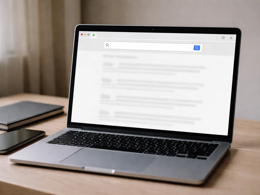 Close-up of a laptop showing a generic web search bar and results related to net worth on a dark desk
